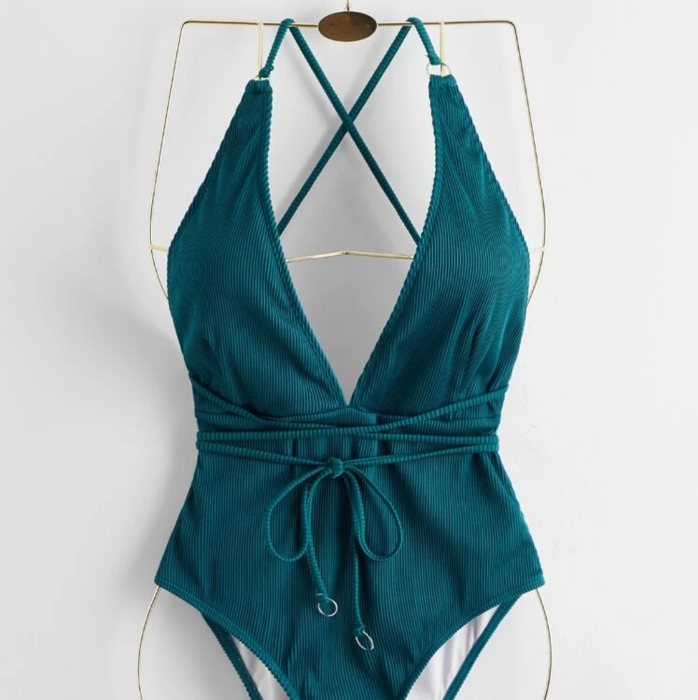 Teal Blue Plunging One Piece Swimsuit